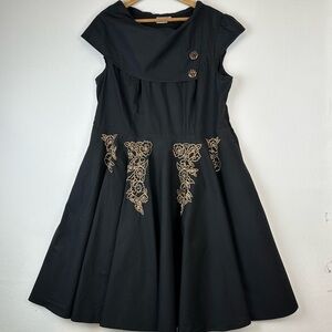 eShakti Embroidered Cap Sleeve Midi Dress Black